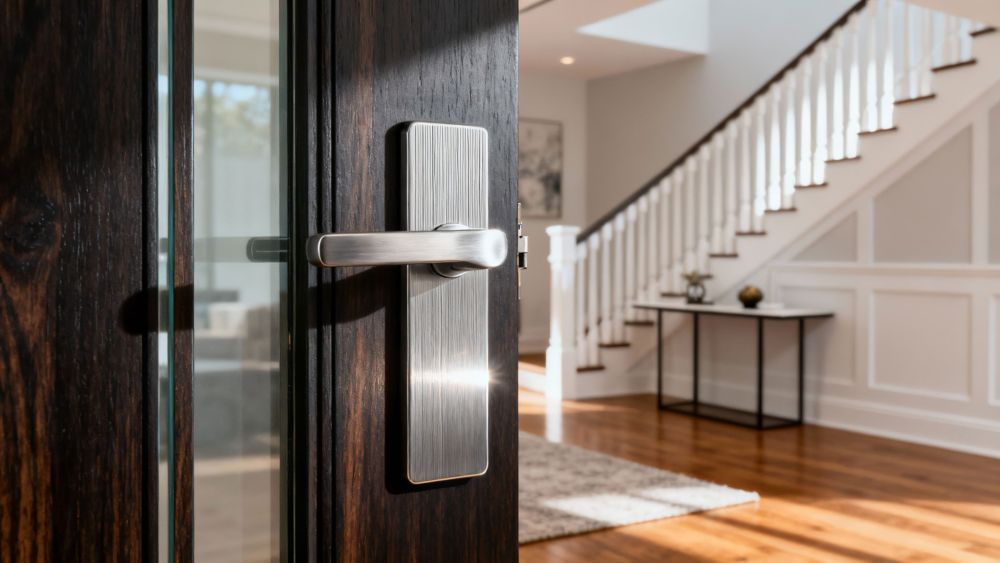 Replacement door handles and locks close up showing a brushed stainless lever set on a dark timber entry door with glass panel, hallway and staircase softly blurred behind.