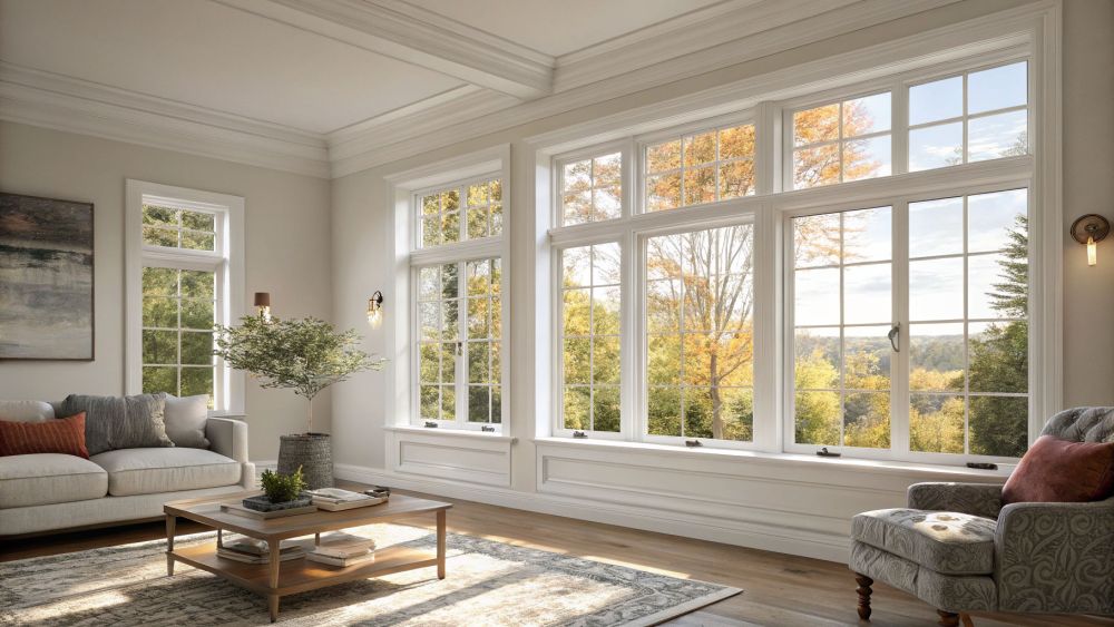 Living room with large white timber double hung sash windows, colonial bars and a leafy outlook, filling the space with natural light.