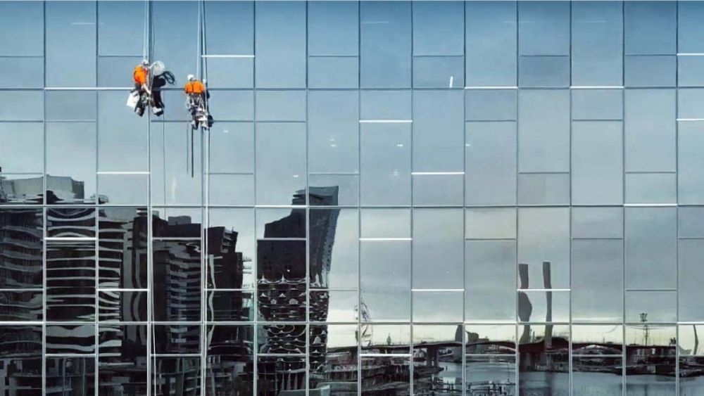 Two window cleaners suspended from ropes, cleaning the glass facade of a tall building, with reflections of a cityscape and water below.