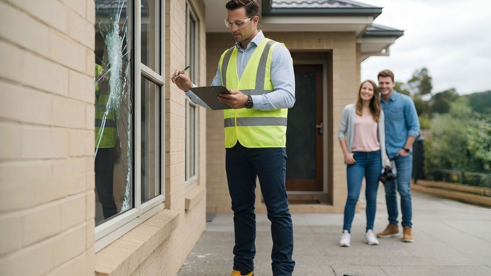 An Express Glass assessor in a high-visibility vest is inspecting a broken window with a tablet in hand. In the background, two people are standing, one holding a camera.