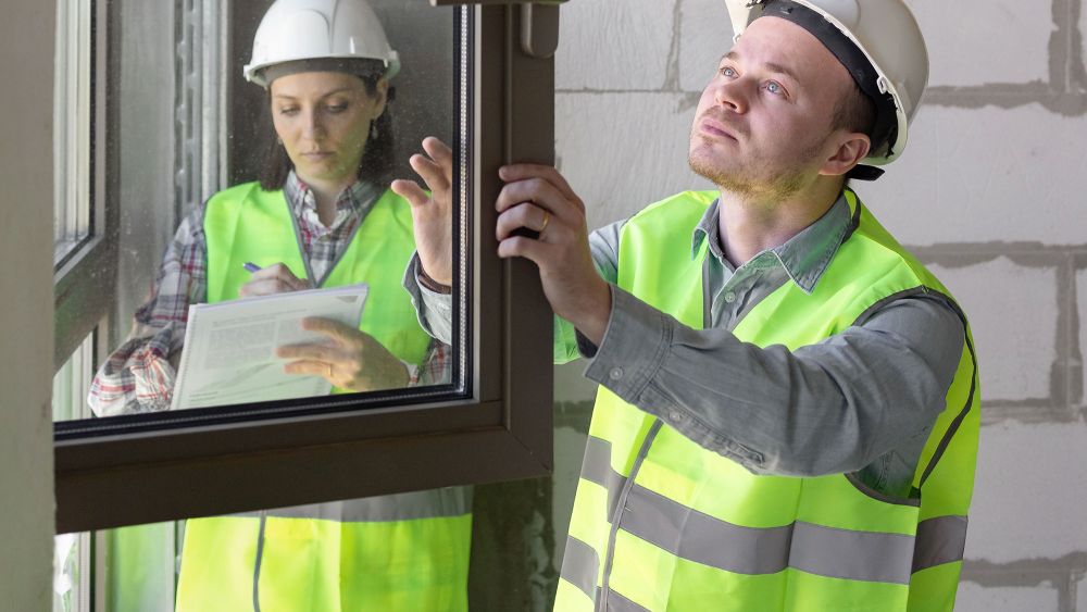 Two Express Glass Safety Auditors in safety gear. One is inspecting a window, while the other is reviewing a document. They are in a construction site with unfinished walls.