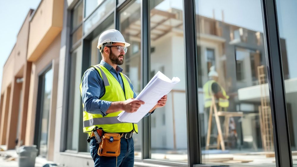 An Express Glass worker wearing a hard hat and a high-visibility vest stands outside a building, holding blueprints and inspecting a large window. In the background, other workers are visible, and construction materials are scattered around.