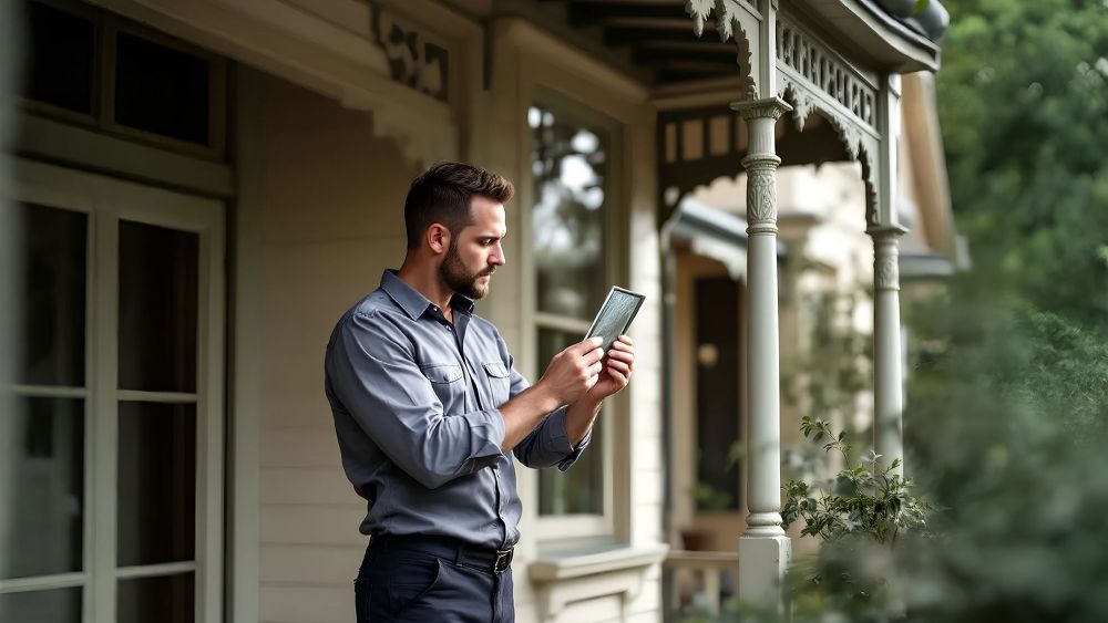 An Express Glass expert tradesman stands on a porch, holding a sample pane of glass and looking at it, surrounded by greenery and a house with decorative architecture.