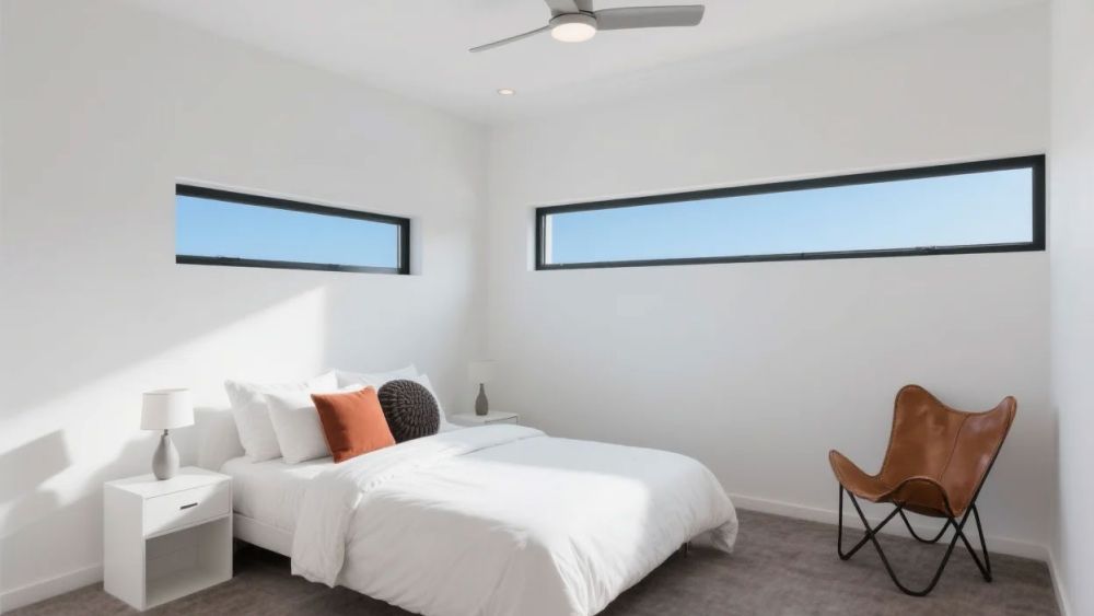 Modern bedroom with two slimline black framed clerestory windows, white walls, grey carpet, ceiling fan, bright natural light and contemporary glazing