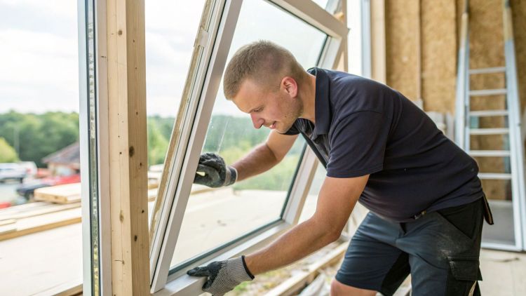 Glazier fitting a new aluminium framed window into a timber opening at a residential build site