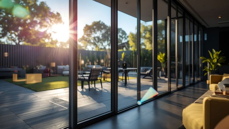 A modern interior with large energy efficient glass doors leading to an outdoor area, where sunlight shines through and greenery is visible.