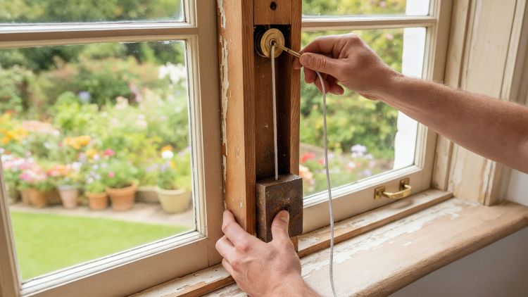 Window sash cord replacement on a timber double hung window showing hands threading new cord over the pulley and reconnecting the cast iron weight with the garden softly blurred outside.