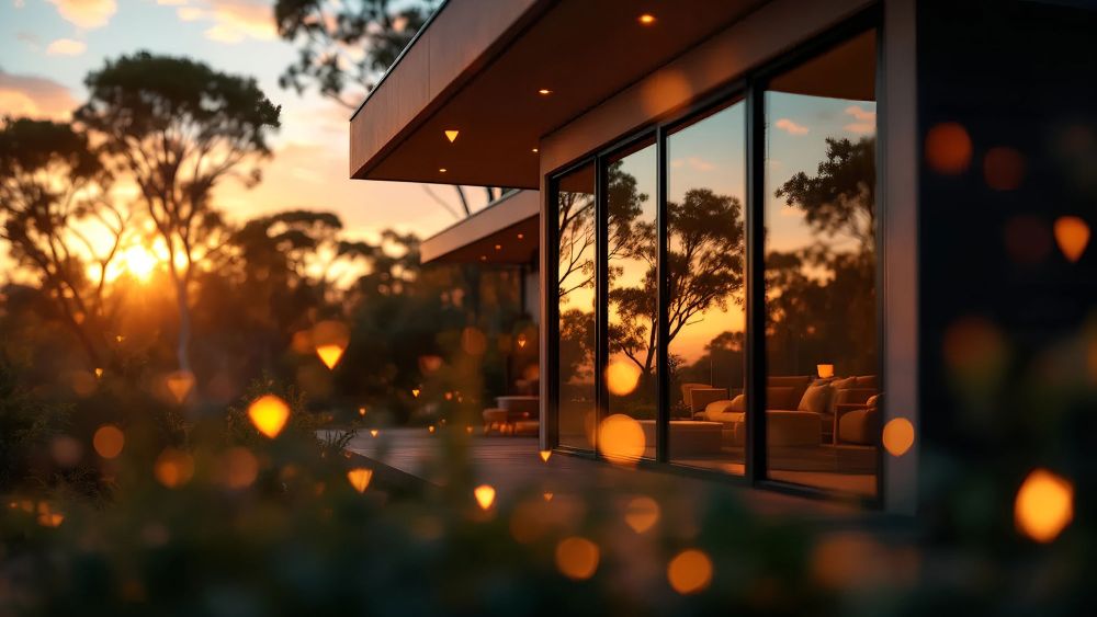 A modern house with large glass windows with window film reflecting a sunset, surrounded by trees and soft lighting.
