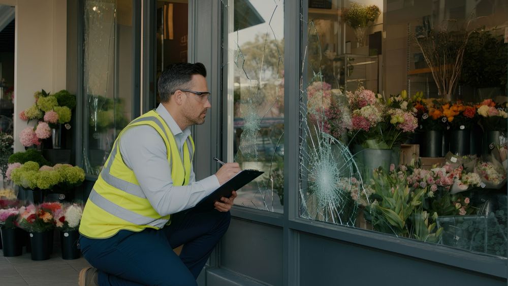 Am Express Glass assessor in a high-visibility vest kneels next to a broken shop window, taking notes. The window displays various flowers and plants inside.
