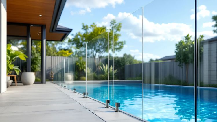 A modern pool area featuring a clear glass fence surrounding a blue swimming pool, with a concrete deck and lush greenery in the background.