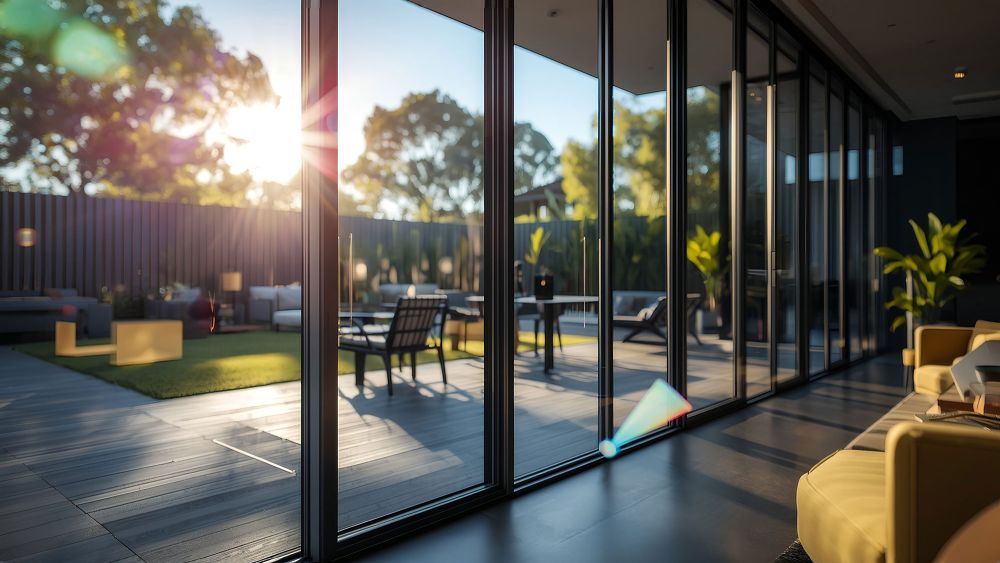A modern interior with large energy efficient glass doors leading to an outdoor area, where sunlight shines through and greenery is visible.