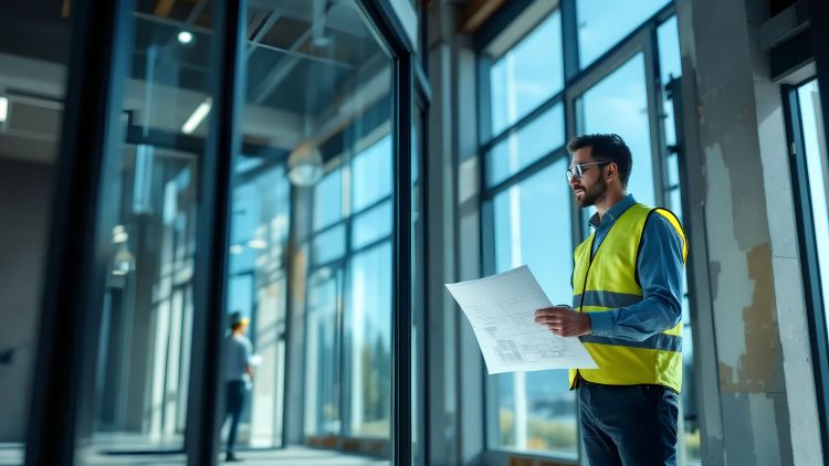 An Express Glass worker in a yellow safety vest stands in a construction site, holding blueprints and looking at a large window. More large windows are visible in the background, allowing natural light to enter.
