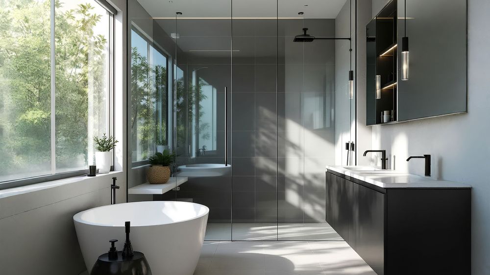 A modern bathroom featuring a large white freestanding bathtub, a glass shower enclosure, and a dark vanity with a mirror. Natural light streams in through large windows, highlighting the contemporary design.