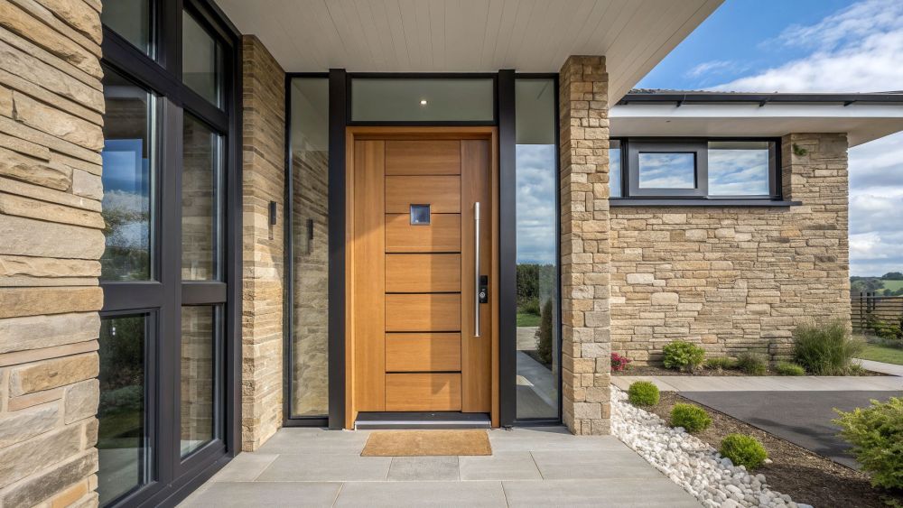 Timber and aluminium frames at a modern home entry with a timber door, glazed sidelights and transom, black aluminium windows and stone cladding.