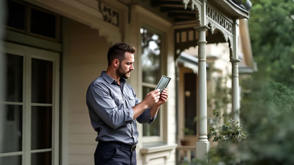 An Express Glass expert tradesman stands on a porch, holding a sample pane of glass and looking at it, surrounded by greenery and a house with decorative architecture.