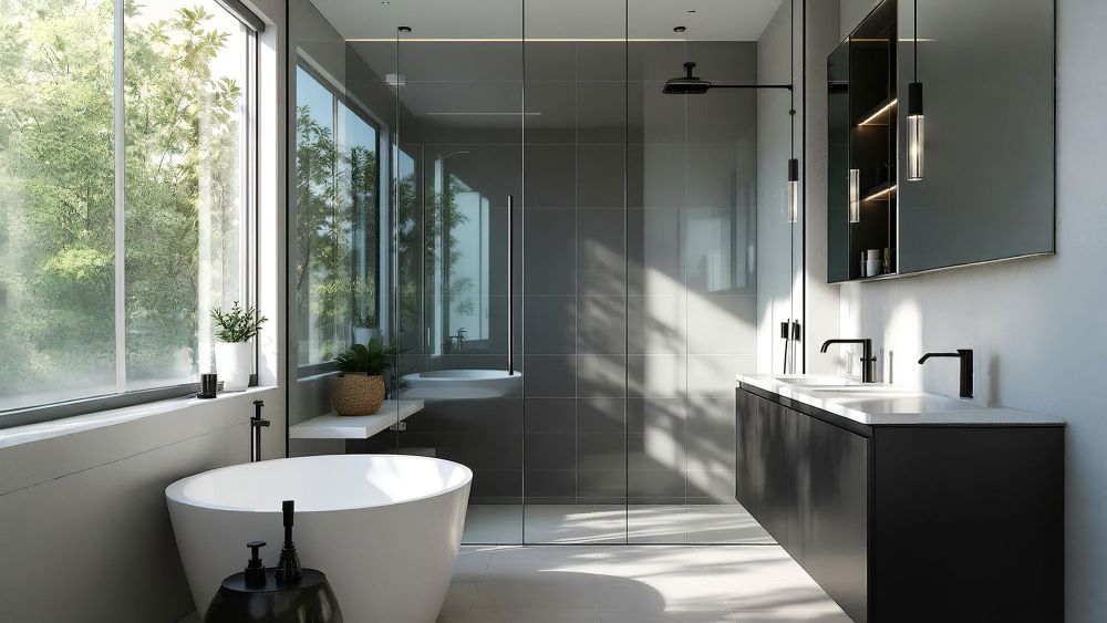 A modern bathroom featuring a large white freestanding bathtub, a glass shower enclosure, and a dark vanity with a mirror. Natural light streams in through large windows, highlighting the contemporary design.
