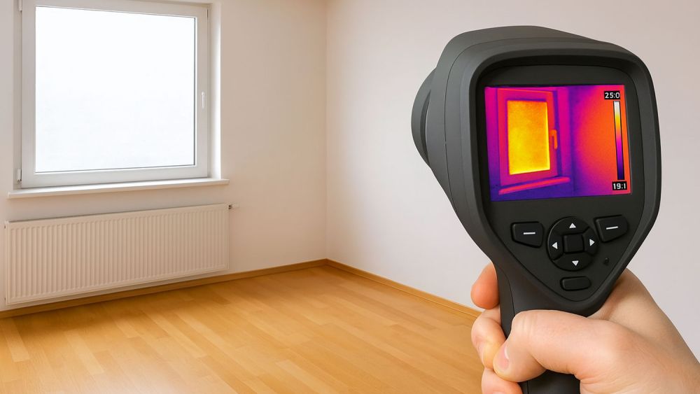 Person using a handheld thermal camera for window leak detection inside a modern home, with the screen displaying heat loss in bright colors around the window frame against a cooler interior backdrop.