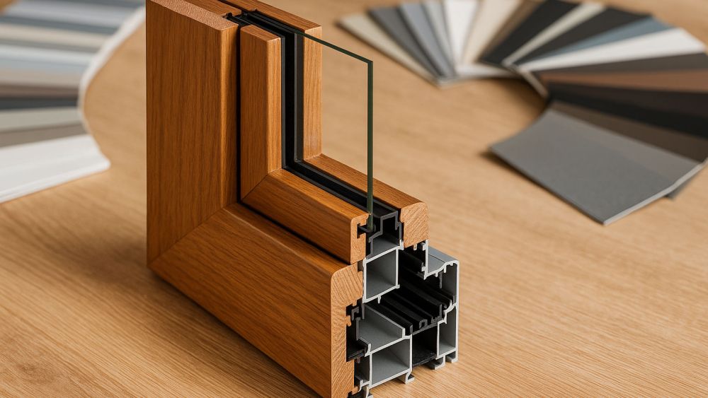 Timber and aluminium window frame cross section showing glazing channel and gasket on a workbench with colour swatch options.