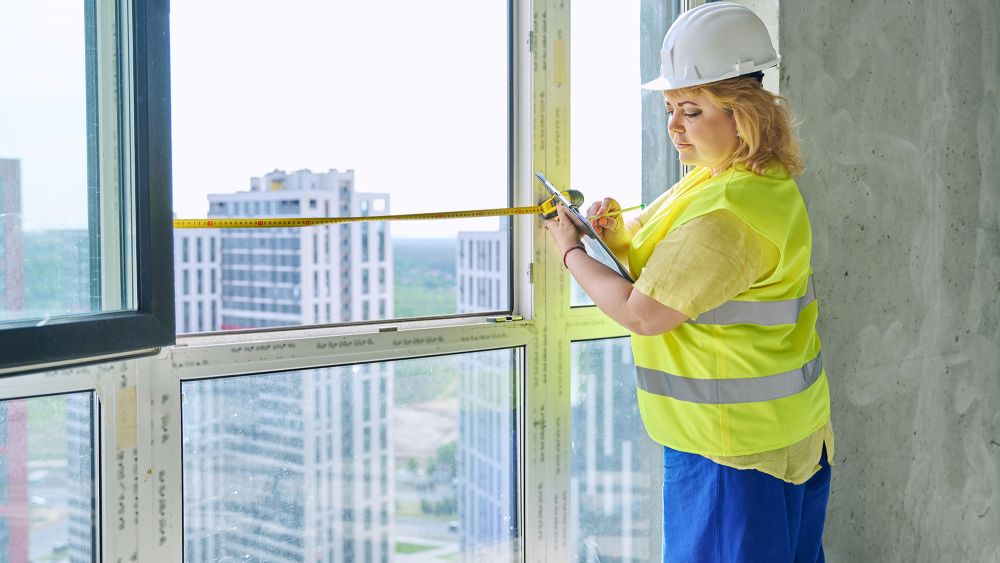An Express Glass engineer in a yellow safety vest and white hard hat measures a window frame with a tape measure for AS 1288 compliance in a high-rise building.