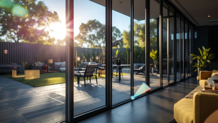 A modern interior with large energy efficient glass doors leading to an outdoor area, where sunlight shines through and greenery is visible.