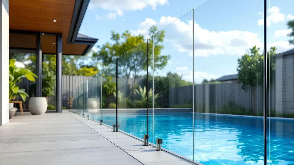 A modern pool area featuring a clear glass fence surrounding a blue swimming pool, with a concrete deck and lush greenery in the background.