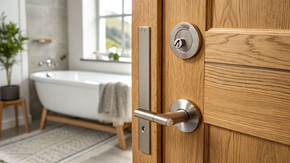 Bathroom door handle and lock on a timber door beside a white tiled bathtub with niche shelving and potted plants.