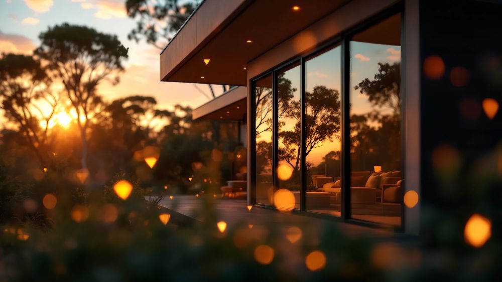 A modern house with large glass windows with window film reflecting a sunset, surrounded by trees and soft lighting.