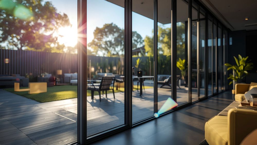 A modern interior with large energy efficient glass doors leading to an outdoor area, where sunlight shines through and greenery is visible.