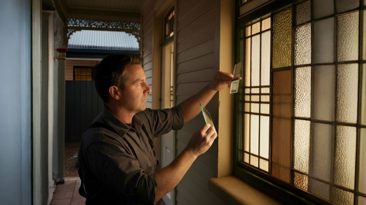 An Express Glass expert tradesman is carefully working on matching a stained glass window, holding a sample pane and focusing on the details of the glass.