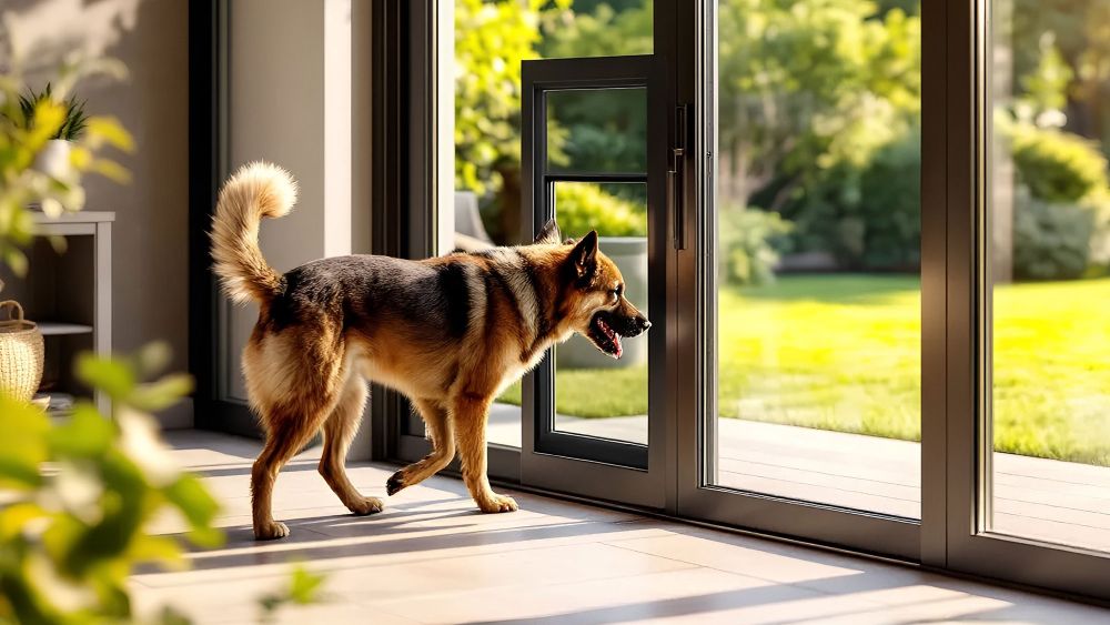 A dog walking through an open pet door, leading to a garden with greenery.